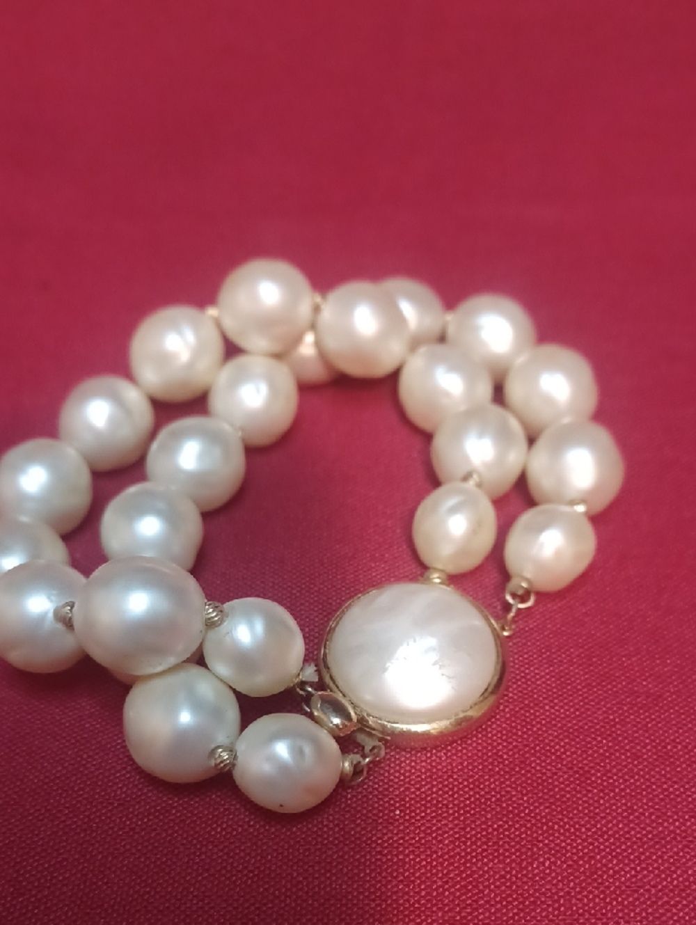 Trifari White Pearl Double-Strand Bracelet with Gold Clasp
